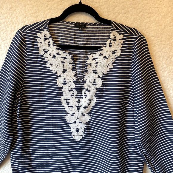Talbots‎ Womens Blue White Stripe Embellished Beads Linen 3/4 Sleeve Top Size M - Picture 2 of 9